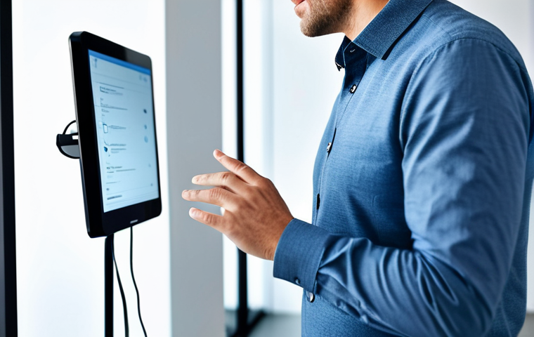 A professional, well-dressed man in a modern, light-filled technology lab, gently interacting with a sleek, minimalist touchscreen device. His hands are positioned to convey the subtle tactile sensation of haptic feedback, as if feeling a virtual button click or surface texture. The background features blurred high-tech equipment. Full body shot, professional studio photography, soft natural lighting, high resolution. fully clothed, modest clothing, appropriate attire, professional dress, safe for work, appropriate content, perfect anatomy, correct proportions, natural pose, well-formed hands, proper finger count, natural body proportions, professional, family-friendly.