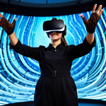 A professional young adult in a modern, modest jumpsuit, wearing advanced haptic gloves and a sleek VR headset. The subject is standing in a brightly lit, futuristic virtual reality simulation room with abstract glowing digital landscapes in the background. The person's hands are extended, appearing to interact with a virtual rock texture, with subtle light trails emanating from the gloves, suggesting tactile feedback. Perfect anatomy, correct proportions, natural pose, well-formed hands, proper finger count, natural body proportions, professional photography, high detail, high quality, studio lighting, fully clothed, modest clothing, appropriate attire, professional dress, safe for work, appropriate content, family-friendly.