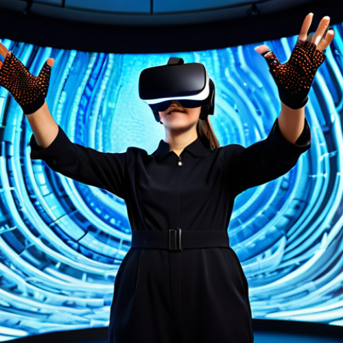 Home 6 A professional young adult in a modern, modest jumpsuit, wearing advanced haptic gloves and a sleek VR headset. The subject is standing in a brightly lit, futuristic virtual reality simulation room with abstract glowing digital landscapes in the background. The person's hands are extended, appearing to interact with a virtual rock texture, with subtle light trails emanating from the gloves, suggesting tactile feedback. Perfect anatomy, correct proportions, natural pose, well-formed hands, proper finger count, natural body proportions, professional photography, high detail, high quality, studio lighting, fully clothed, modest clothing, appropriate attire, professional dress, safe for work, appropriate content, family-friendly.