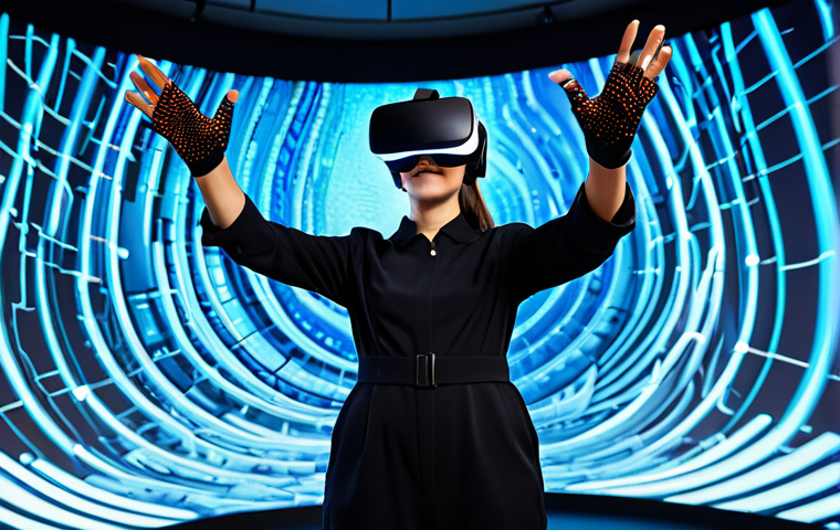 A professional young adult in a modern, modest jumpsuit, wearing advanced haptic gloves and a sleek VR headset. The subject is standing in a brightly lit, futuristic virtual reality simulation room with abstract glowing digital landscapes in the background. The person's hands are extended, appearing to interact with a virtual rock texture, with subtle light trails emanating from the gloves, suggesting tactile feedback. Perfect anatomy, correct proportions, natural pose, well-formed hands, proper finger count, natural body proportions, professional photography, high detail, high quality, studio lighting, fully clothed, modest clothing, appropriate attire, professional dress, safe for work, appropriate content, family-friendly.