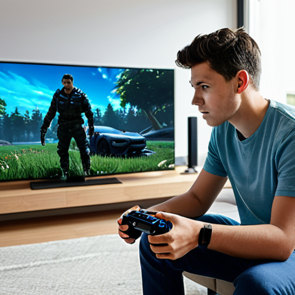 Gaming Immersion**

"A young adult playing a video game with a haptic feedback controller, fully clothed, focusing intently on the screen, surrounded by gaming equipment in a modern living room, appropriate attire, safe for work, perfect anatomy, natural proportions, professional photography, family-friendly environment."

**