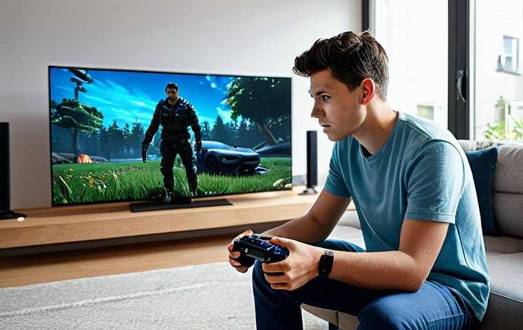 Gaming Immersion**
"A young adult playing a video game with a haptic feedback controller, fully clothed, focusing intently on the screen, surrounded by gaming equipment in a modern living room, appropriate attire, safe for work, perfect anatomy, natural proportions, professional photography, family-friendly environment."
**