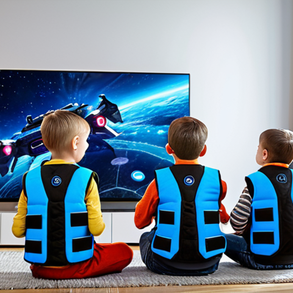 Haptic Entertainment Experience**

"A family enjoying a fully clothed, interactive gaming experience in their living room. The children are wearing haptic vests and using controllers, immersed in a virtual world displayed on a large screen.  The scene shows joy and excitement, with safe and appropriate content, modest clothing, perfect anatomy, natural proportions, and professional lighting. safe for work, professional, family-friendly."

**