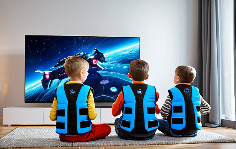 Haptic Entertainment Experience**
"A family enjoying a fully clothed, interactive gaming experience in their living room. The children are wearing haptic vests and using controllers, immersed in a virtual world displayed on a large screen. The scene shows joy and excitement, with safe and appropriate content, modest clothing, perfect anatomy, natural proportions, and professional lighting. safe for work, professional, family-friendly."
**