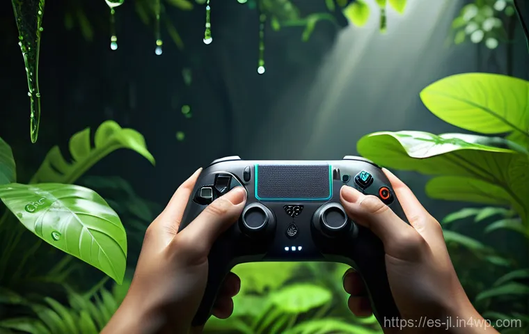 게임에서의 햅틱 인터페이스 활용 사례 - **Immersive Jungle Exploration with Haptic Controller:**
"A vibrant, first-person perspective in...