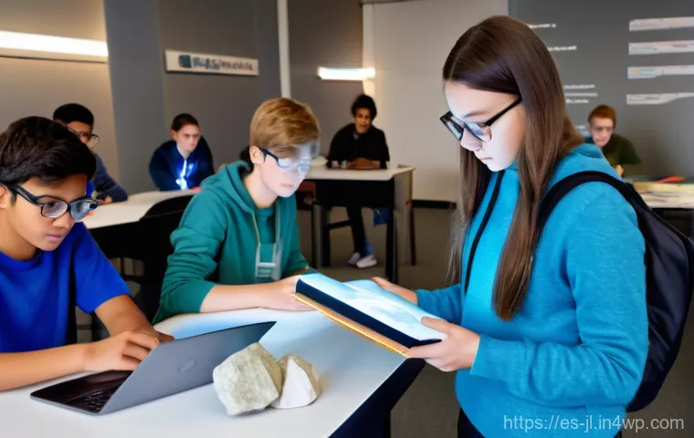 교육 분야에서의 햅틱 인터페이스 적용 - **Prompt 1: Immersive Haptic Geology Lesson**
    "A bright, modern classroom scene with natural lig...