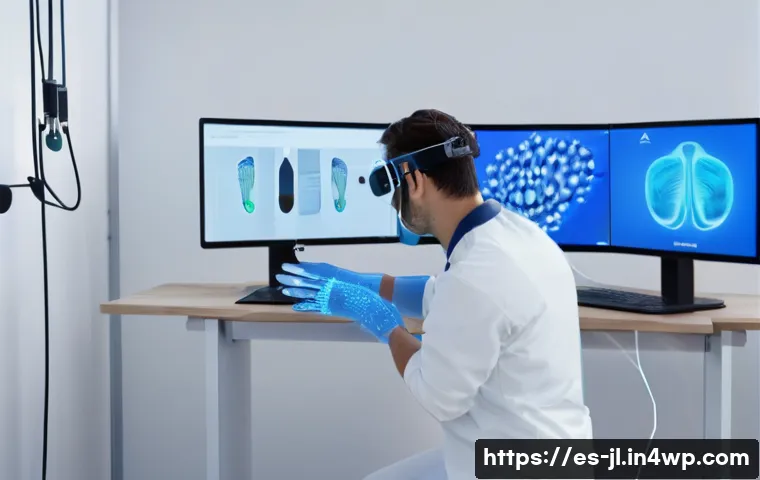 햅틱 디바이스 비교  장단점 분석 - A modern workspace featuring a person wearing a sleek, lightweight haptic glove with force feedback ...