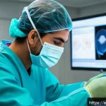 Home 16 햅틱 피드백의 산업별 활용도 분석 - A highly detailed scene inside a modern medical training facility showcasing a young Hispanic surgeo...