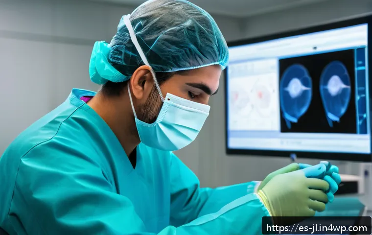 햅틱 피드백의 산업별 활용도 분석 - A highly detailed scene inside a modern medical training facility showcasing a young Hispanic surgeo...
