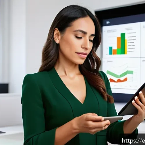 Home 15 햅틱 인터페이스와 데이터 시각화 - A modern digital workspace showing a professional Hispanic woman in her 30s wearing business casual ...